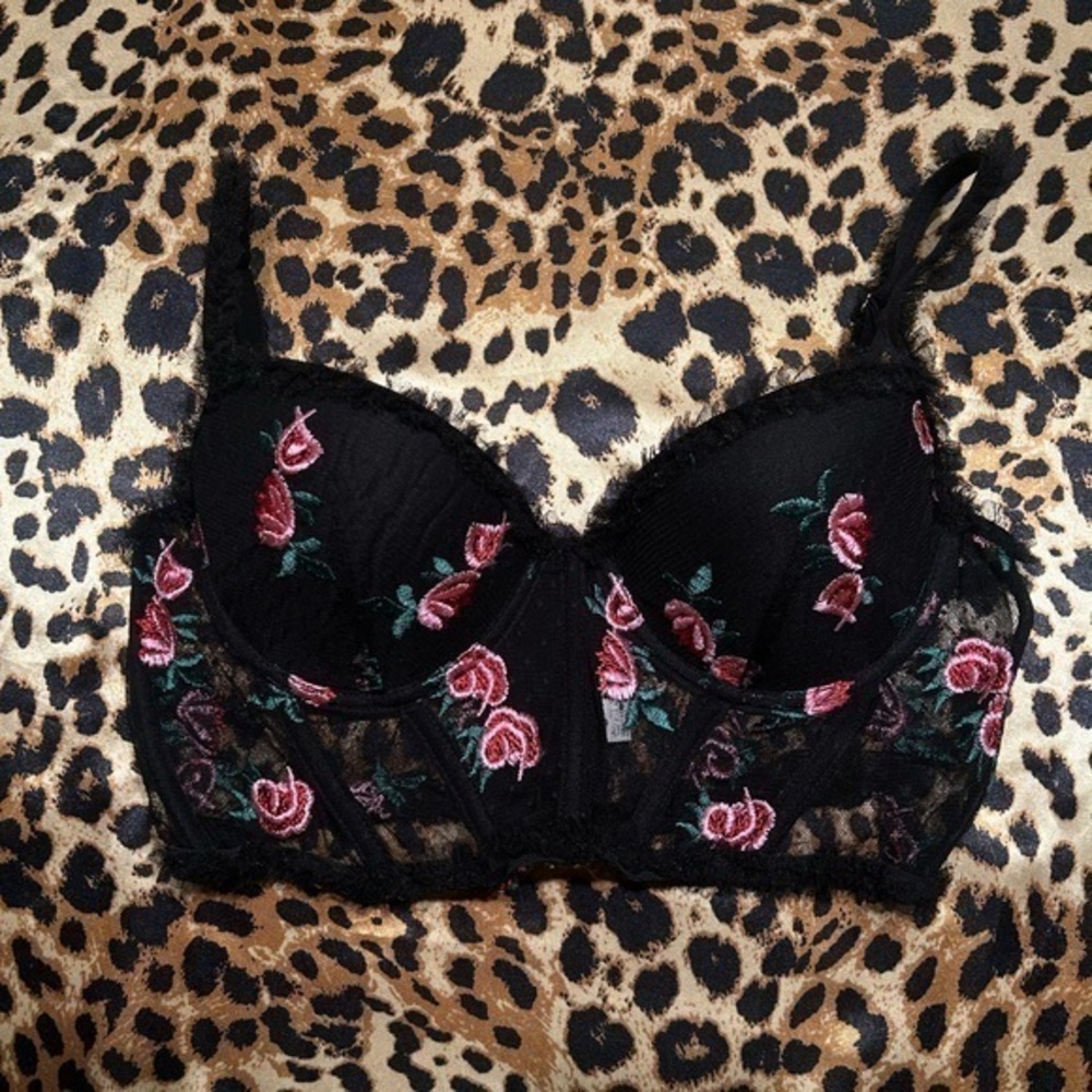 SHEIN Black Mesh Floral Bustier Corset Bra Top